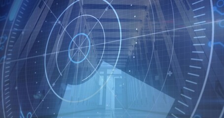 Fototapeta premium Displaying digital circular HUD overlaying data center aisle, with server racks and glass door