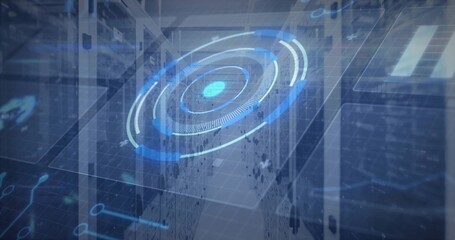 Showing holographic circular interface hovering in server room aisle, with server racks and LEDs