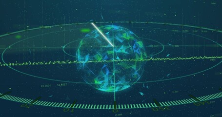 Projecting holographic globe rotating in virtual control display, showing scanning beam and rings