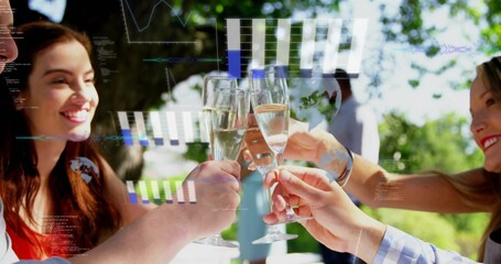 Clinking cluster of hands and champagne flutes creating toast in garden patio, showing AR overlays