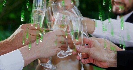 Clinking adults' hands holding champagne flutes in garden, showing formal attire and binary overlay