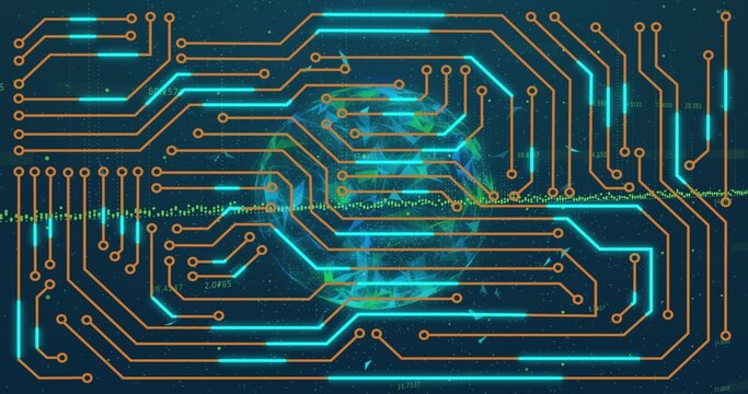 Connecting teal circuits and orange nodes across Earth globe in starfield, pulsing waveform
