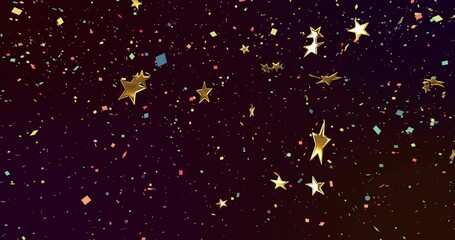 Glittering gold star foil drifting across dark gradient backdrop, with pastel square confetti