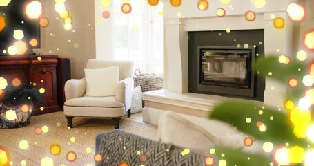 Naklejka premium Featuring cream armchair sitting left of center on textured rug in living room, with fireplace