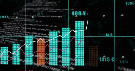 Fototapeta premium Displaying dark dashboard showing tiled bar clusters with orange accent, two line graphs, teal grid