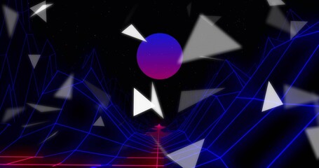 Glowing magenta sphere hovering in cyber valley, red grid road, neon ridges, floating white shards