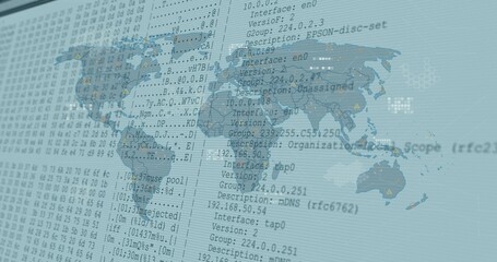 Fototapeta premium Displaying semi-transparent world map and network logs on workstation monitor, with IP addresses