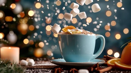 Fototapeta premium Cozy Hot Chocolate with Marshmallows, Orange Slices, and Festive Background in a Inviting Winter Atmosphere