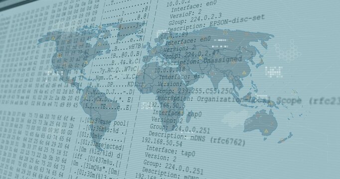 Displaying semi-transparent world map and network logs on workstation monitor, with IP addresses