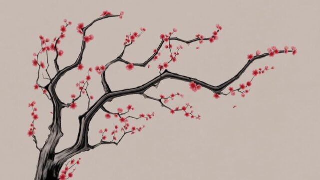 Delicate plum blossoms in full bloom gently sway on branches against muted background, tranquil spring scene