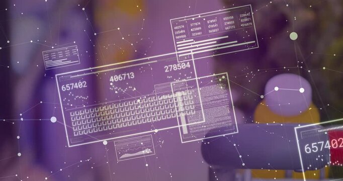 On frame load HUD overlay rising over blur, panels floating, numbers cycling, visualizing data