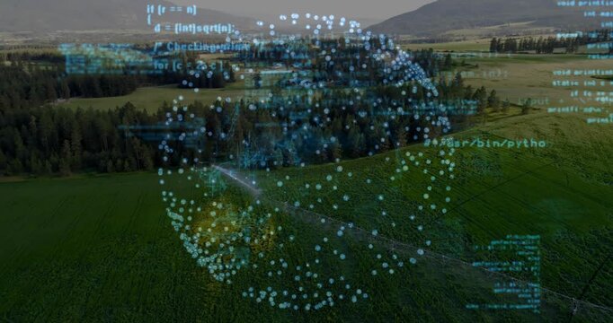 Faint points sparking 3D globe forming rotating visualizing while cyan code scrolling over fields