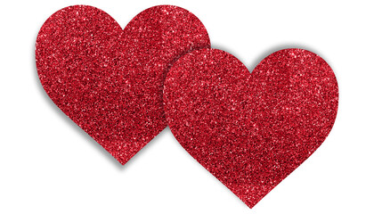 Two Red Glitter Hearts Overlapping on White Background