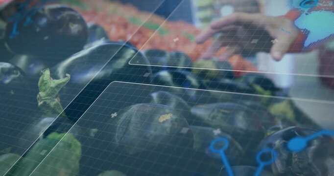 Female shopper touching then lifting and inspecting eggplant in grocery, HUD showing blemish data