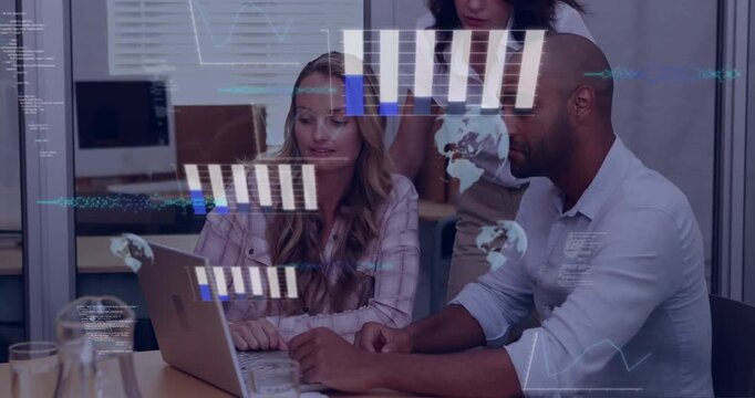 Seated woman typing on laptop, standing peer pointing, starting biz data overlays guiding decisions