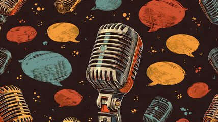 Vintage Microphone with Speech Bubbles Pattern