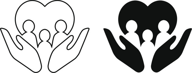 Hands holding a family with a heart background, concept of family care, insurance, protection, and support Vector Illustration