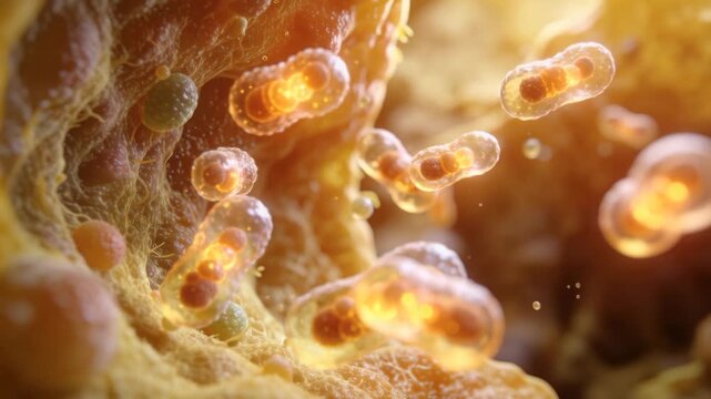 Ultra-realistic dolly macro shot of a healthy human gut microbiome concept, glowing beneficial bacteria floating in a soft organic environment, warm natural light, clean medical wellness aesthetic.