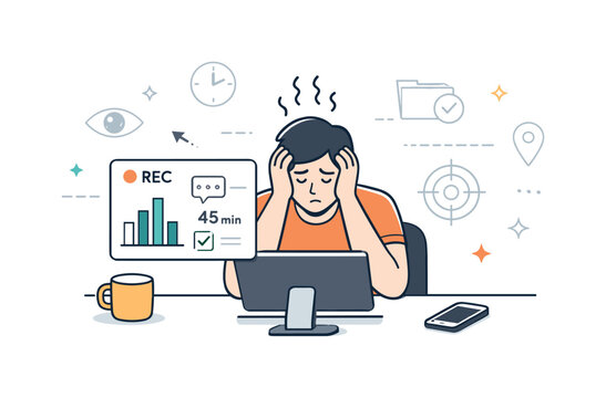 Employee monitoring stress. A person seated at a desk with screen activity indicators and faint tracking symbols in the background, showing