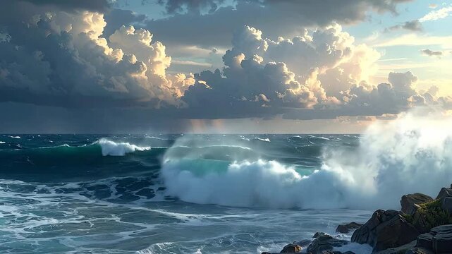 Dramatic ocean waves crash against the y shore under a cloudy sky, creating a dynamic seascape with natural beauty.