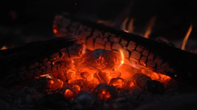 A cozy outdoor campfire burning brightly in a stone fire pit at night with flickering orange flames and glowing embers creating a warm atmosphere