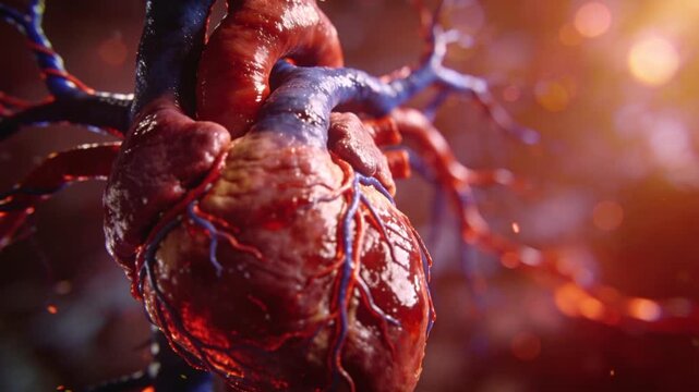 Ultra-realistic macro medical video of a beating human heart, detailed anatomical structure visible, smooth blood flow through arteries and veins, soft glowing bokeh background, shallow depth of field