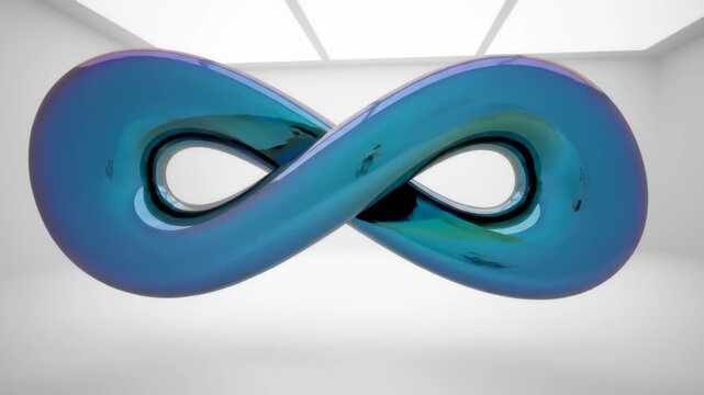 Static shot of iridescent infinity symbol rotating slowly in a minimal white space.