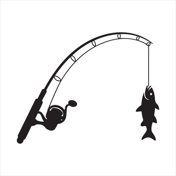 Silhouette of fishing rod with fish hanging on the hook, vector illustration of a fishing rod with a hooked fish silhouette 