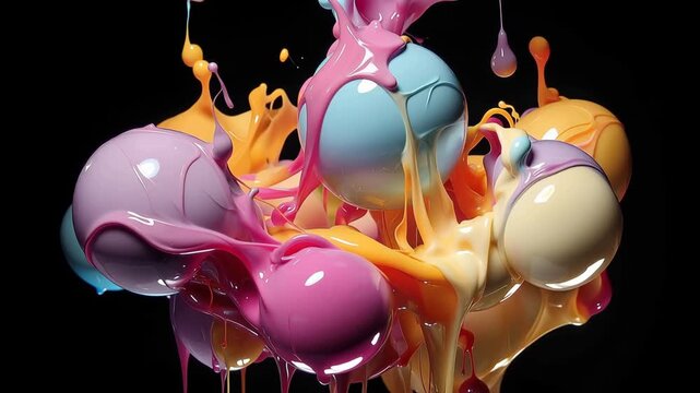 Colorful paint splashes burst around different balls in four frames. Each moment shows vibrant colors mixing and creating new shapes.