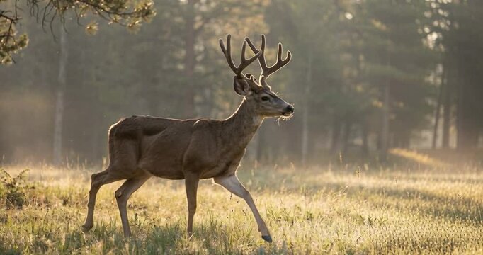 Deer walking in sunlight through a forest glade
