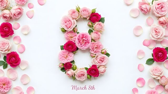 Pink rose flower wreath number eight on white background with petals for celebration and beauty