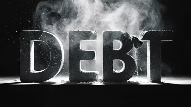 Metallic letters spelling DEBT surrounded by smoke and dramatic lighting conveying financial burden.