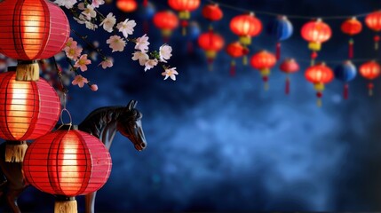 Obraz premium Beautiful lanterns and horse silhouette in a festive setting with colorful decorations and dark blue background for celebrations and events