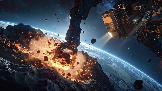 Futuristic space station is mining asteroids near a planet, creating a dramatic and otherworldly scene with cosmic dust.