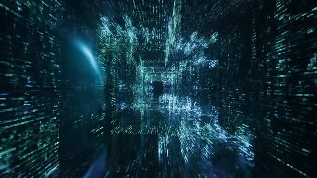 Abstract digital tunnel with futuristic technology, data stream and code. Neural network concept, cyberspace, big data processing, and data transfer.