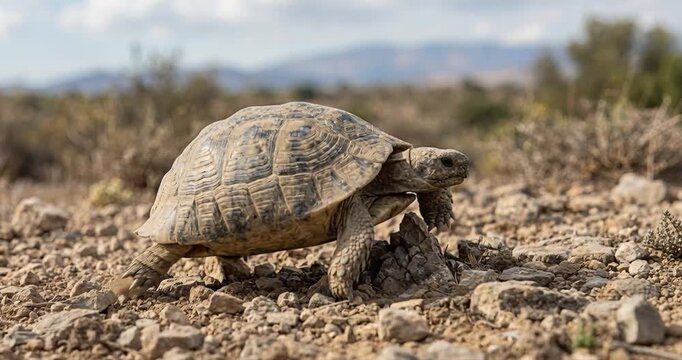Desert tortoise on rocky terrain with distant mountains under daylight
