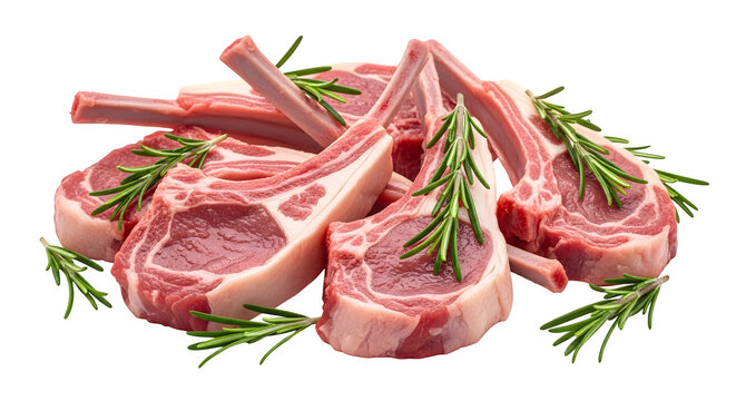 Fresh raw lamb chops with rosemary, isolated on white or transparent background. PNG