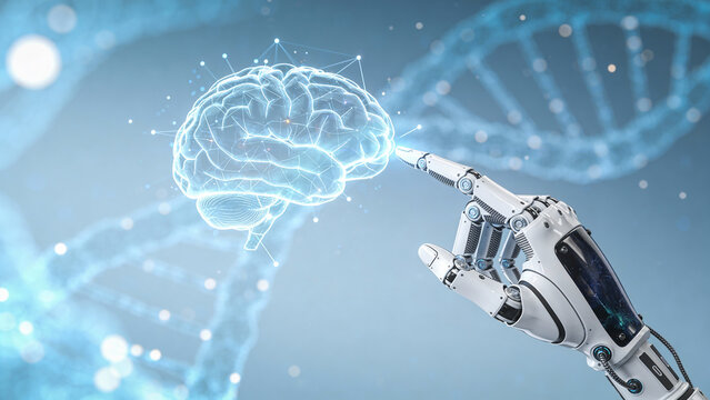 White robotic finger touching a holographic brain.