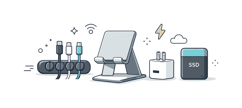 Minimal Tech Essentials. Minimal digital accessories collection. A balanced selection of tech tools like cable clips, stand, adapter, and storage device