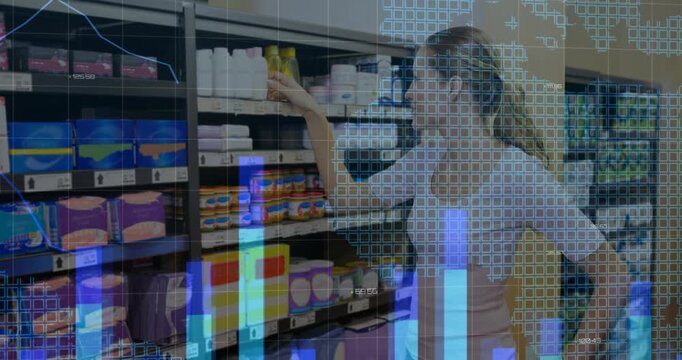 Shopper reaching for bottle, causing retail bar charts growing over shelves, showing sales