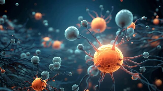 Cells move and interact with one another in a lab setup. Different shapes and sizes of cells can be seen. The focus is on their connections and changes over time.
