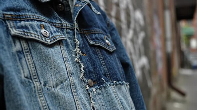 Close Up Of A Blue Denim Jacket With Distressed Details And Patched Sections Outdoors