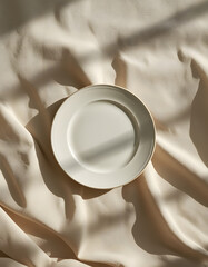 Minimal Empty Plate on Linen Background with Copy Space Flat Lay