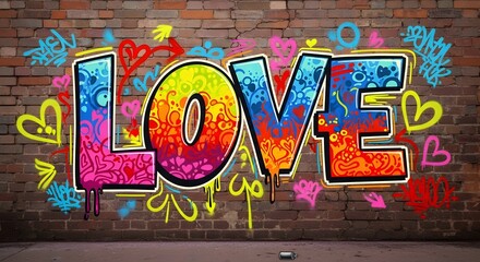 A vibrant graffiti mural on a brick wall with colorful hearts