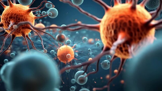 Cells and bacteria are shown interacting in a laboratory setting. This is a close look at their shapes and movements in clear lighting.