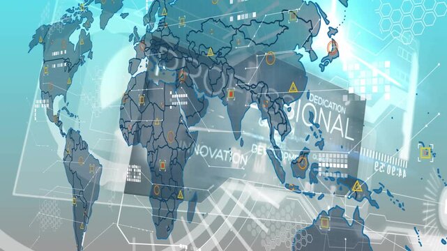 Rotating globe starting map projection HUD panels sliding and markers appearing showing development