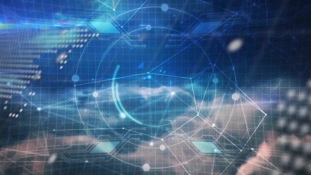 Code snippets scrolling, dotted world map pulsing as HUD rings forming, visualizing network nodes