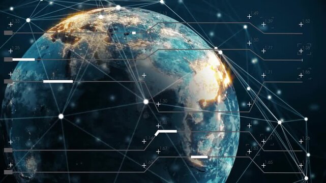 On data pulse, digital Earth rotating, nodes pulsing, mesh forming to show global links