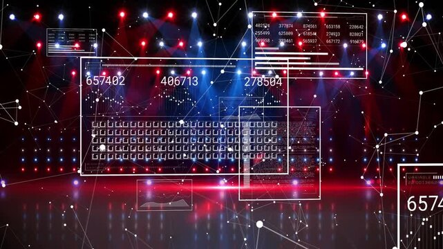 Central wireframes expanding, main data cluster filling grid, nodes traveling, visualizing data