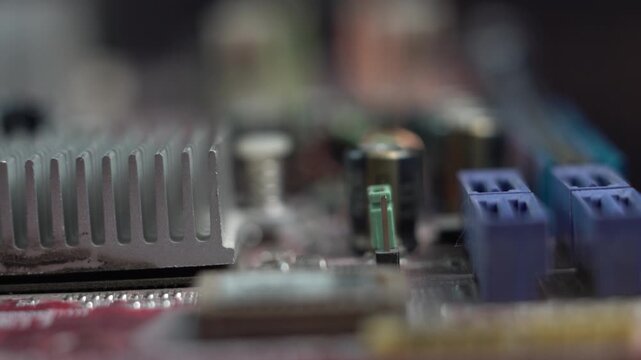 Electronic Waste, Close Up of Computer Motherboard Components and Connectors